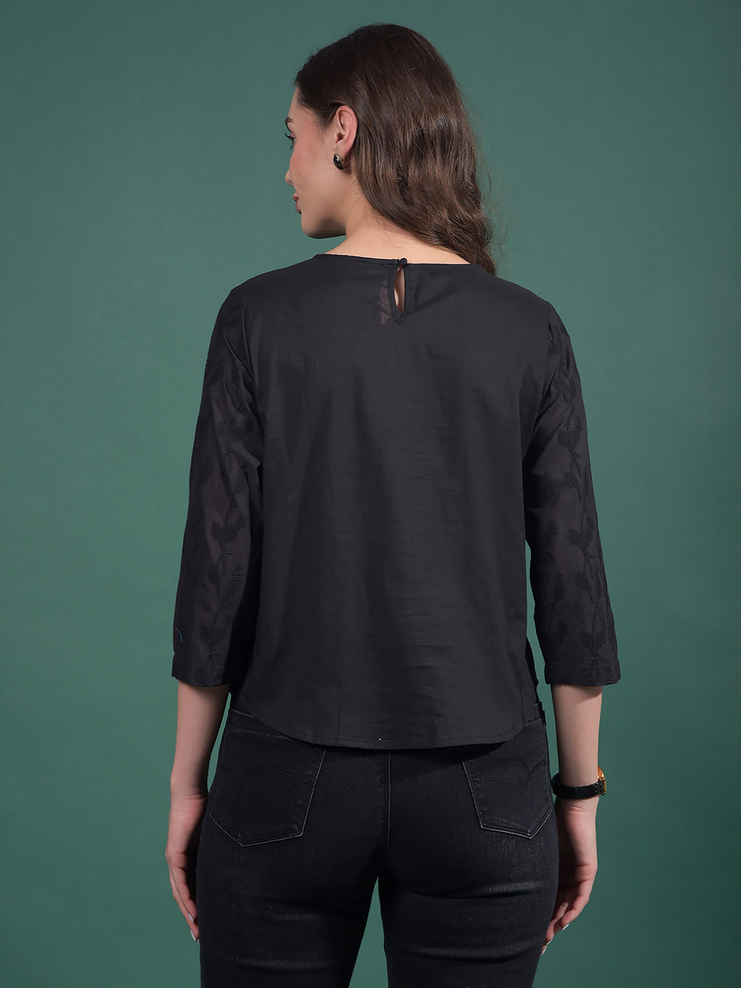 Black Embroidered 100% Cotton Top-Women Tops-Crimsoune Club