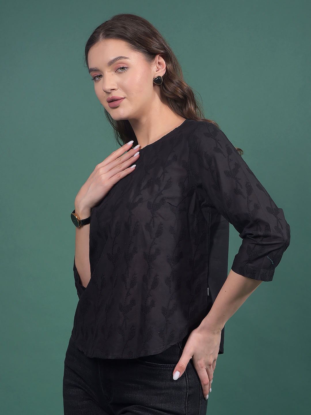 Black Embroidered 100% Cotton Top-Women Tops-Crimsoune Club