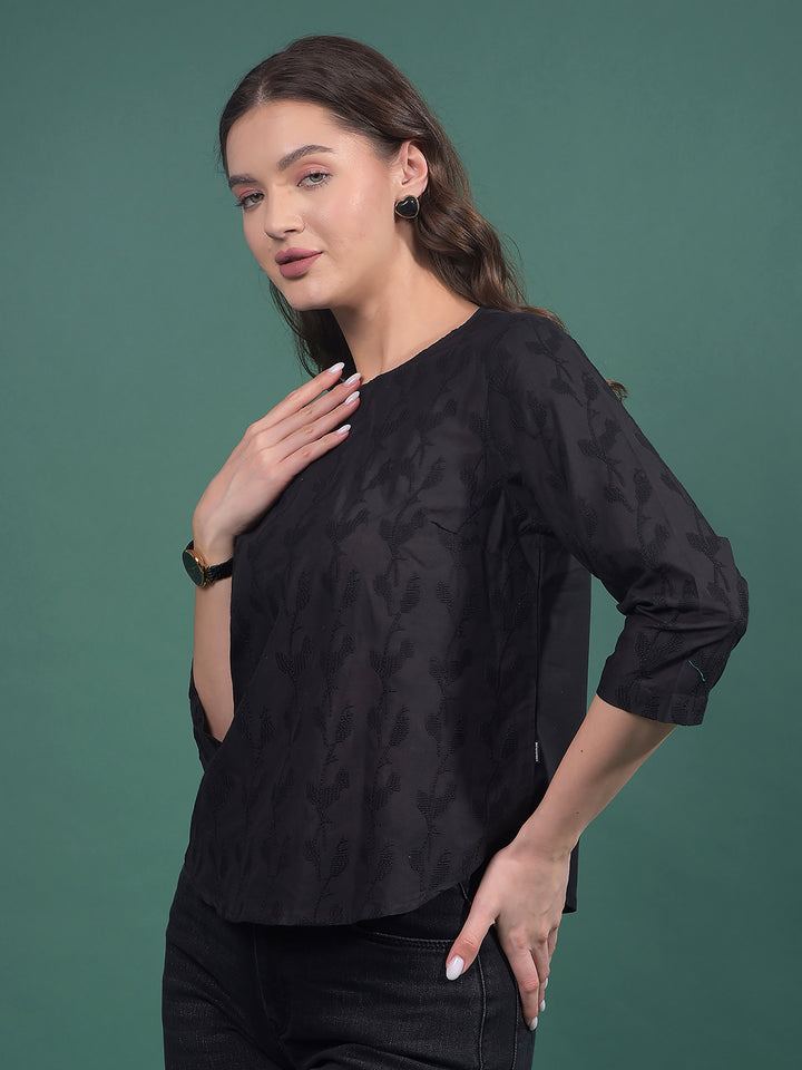 Black Embroidered 100% Cotton Top-Women Tops-Crimsoune Club