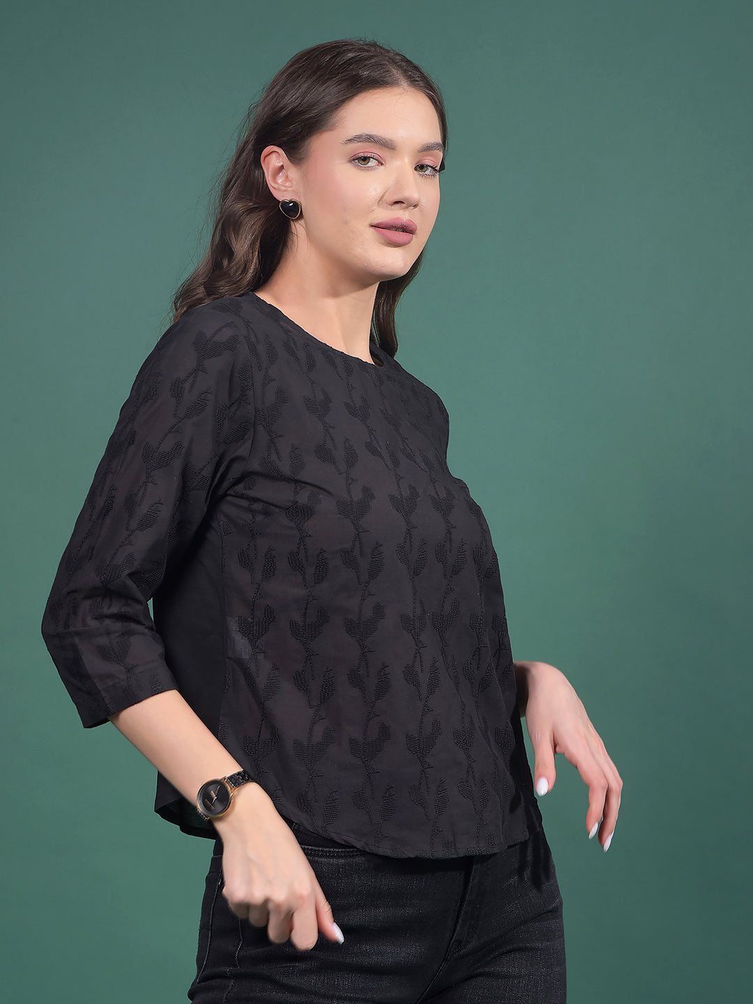 Black Embroidered 100% Cotton Top-Women Tops-Crimsoune Club