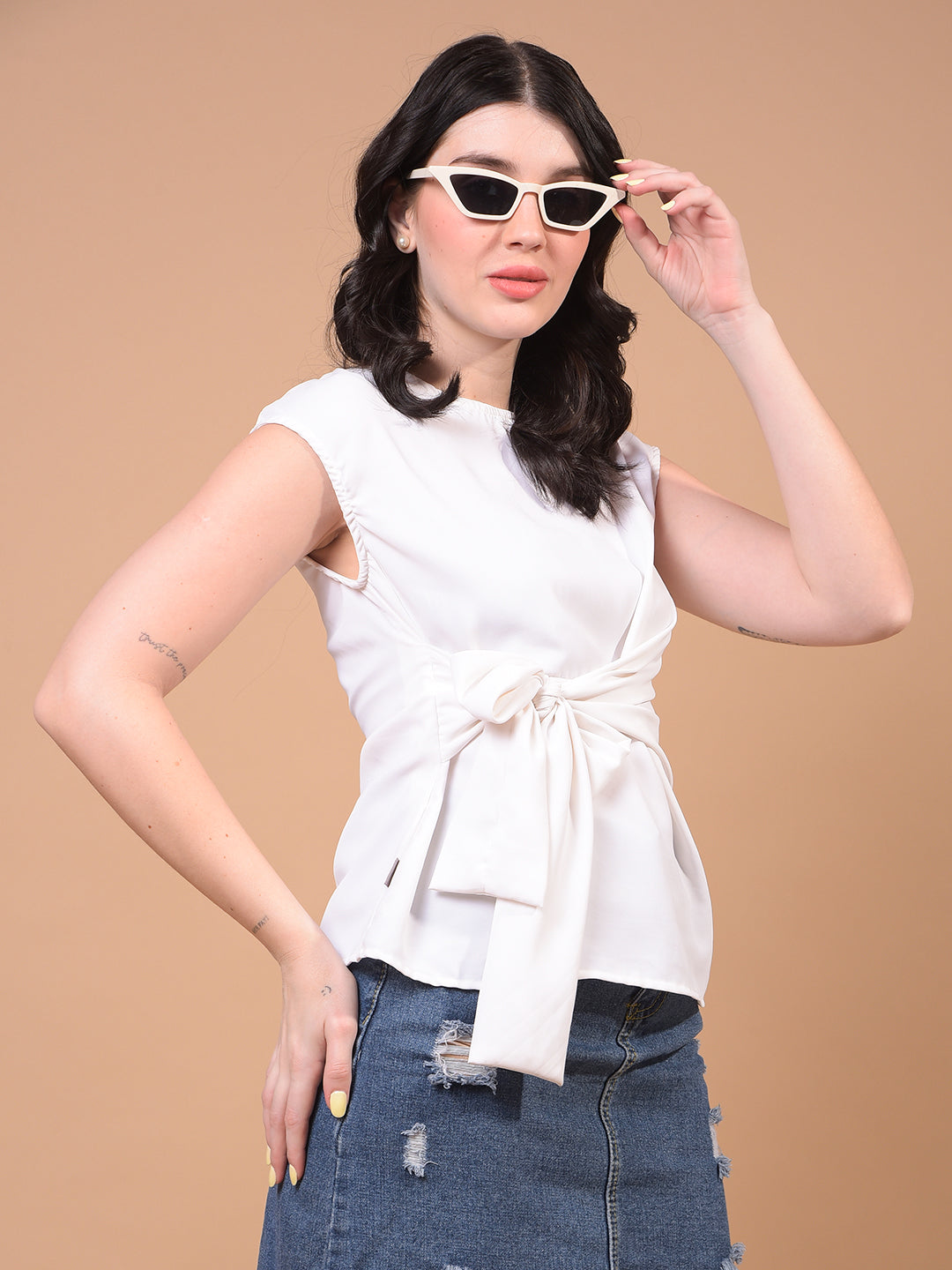 Women's White Sleeveless Tie-Up Top-Women Tops-Crimsoune Club