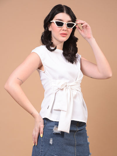 Women's White Sleeveless Tie-Up Top-Women Tops-Crimsoune Club