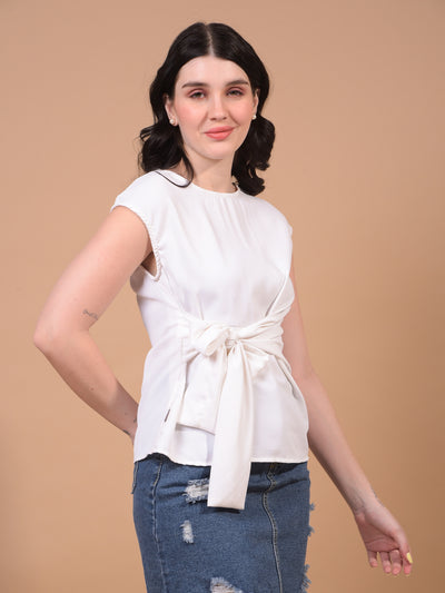 Women's White Sleeveless Tie-Up Top-Women Tops-Crimsoune Club