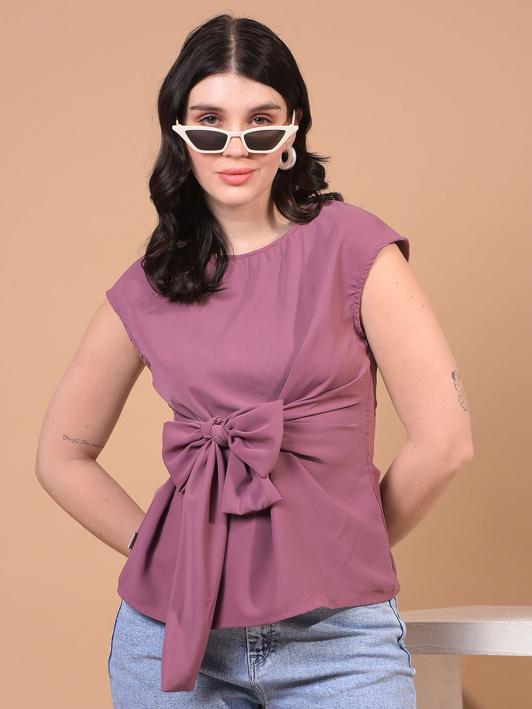 Women's Purple Sleeveless Tie-Up Top-Women Tops-Crimsoune Club