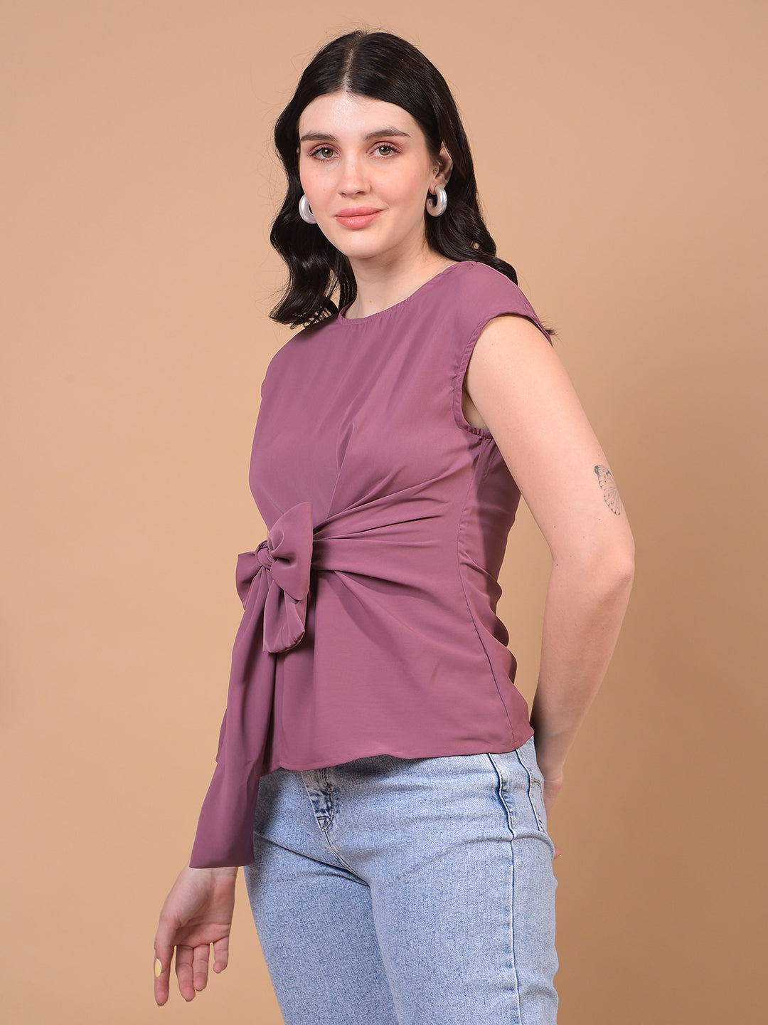 Women's Purple Sleeveless Tie-Up Top-Women Tops-Crimsoune Club