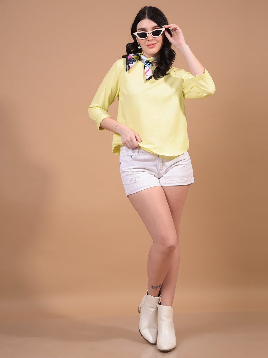 Women's Yellow Linen Top-Women Tops-Crimsoune Club