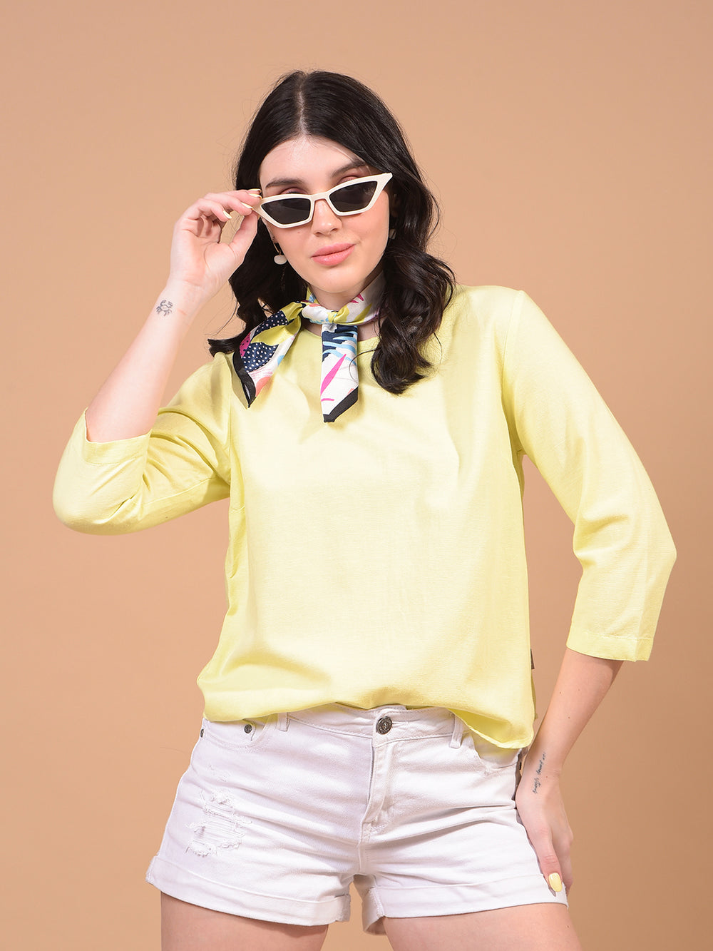 Women's Yellow Linen Top-Women Tops-Crimsoune Club