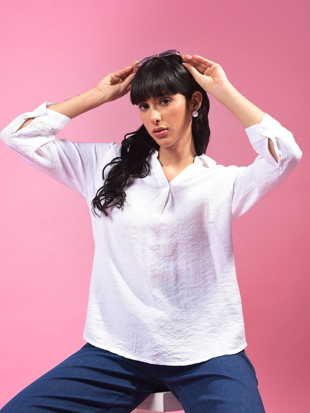 White Textured 3/4th Sleeves Linen Top-Women Tops-Crimsoune Club