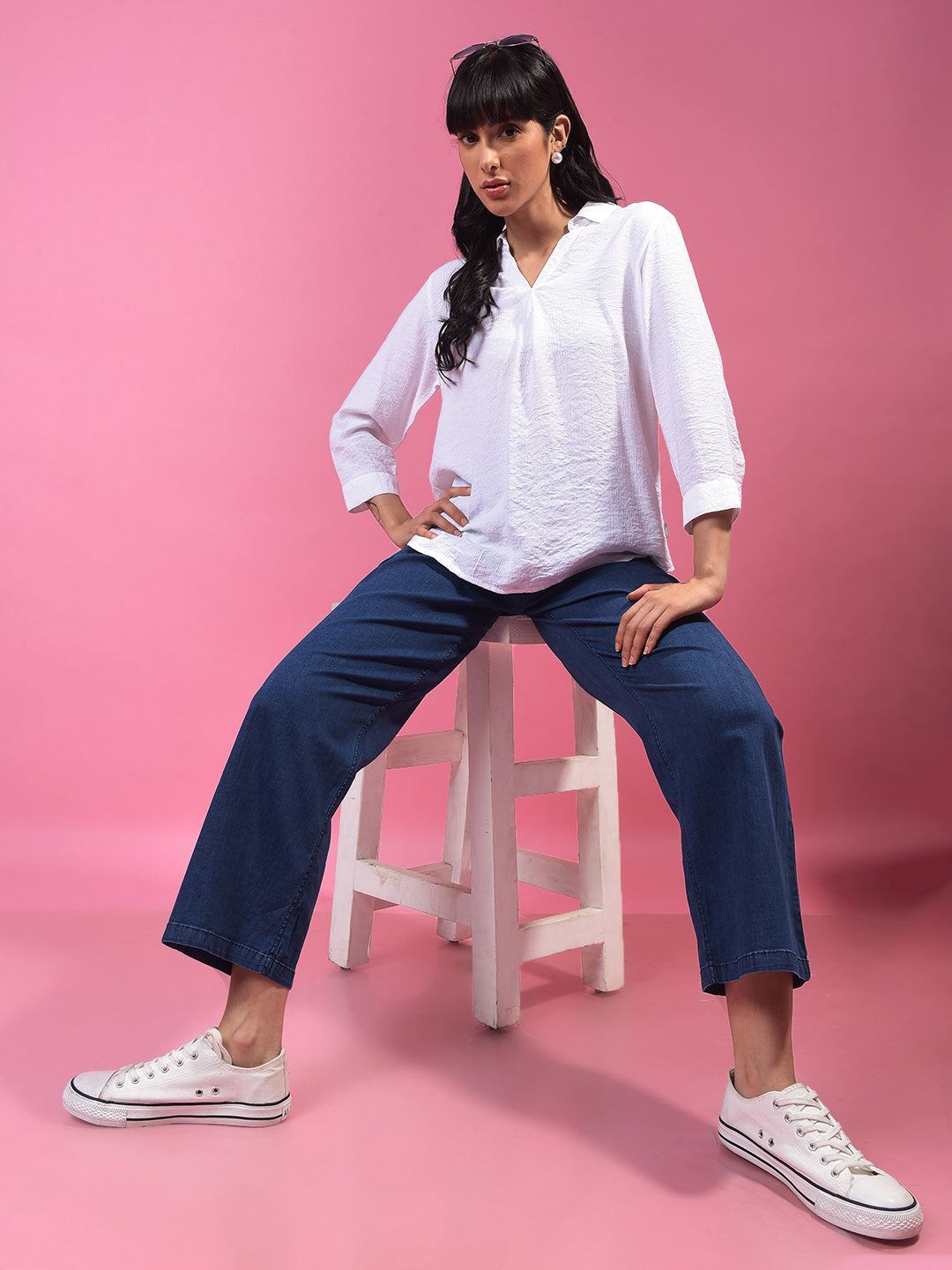 White Textured 3/4th Sleeves Linen Top-Women Tops-Crimsoune Club