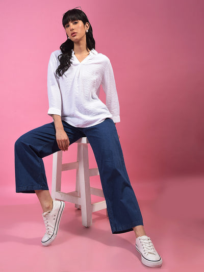 White Textured 3/4th Sleeves Linen Top-Women Tops-Crimsoune Club