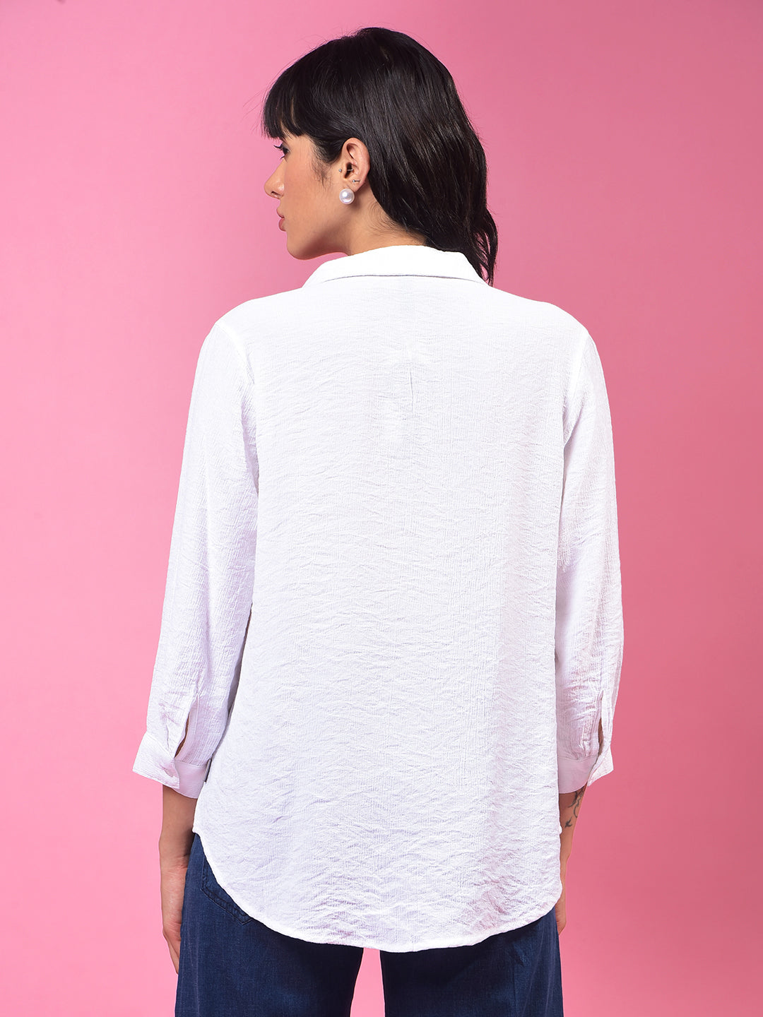 White Textured 3/4th Sleeves Linen Top-Women Tops-Crimsoune Club