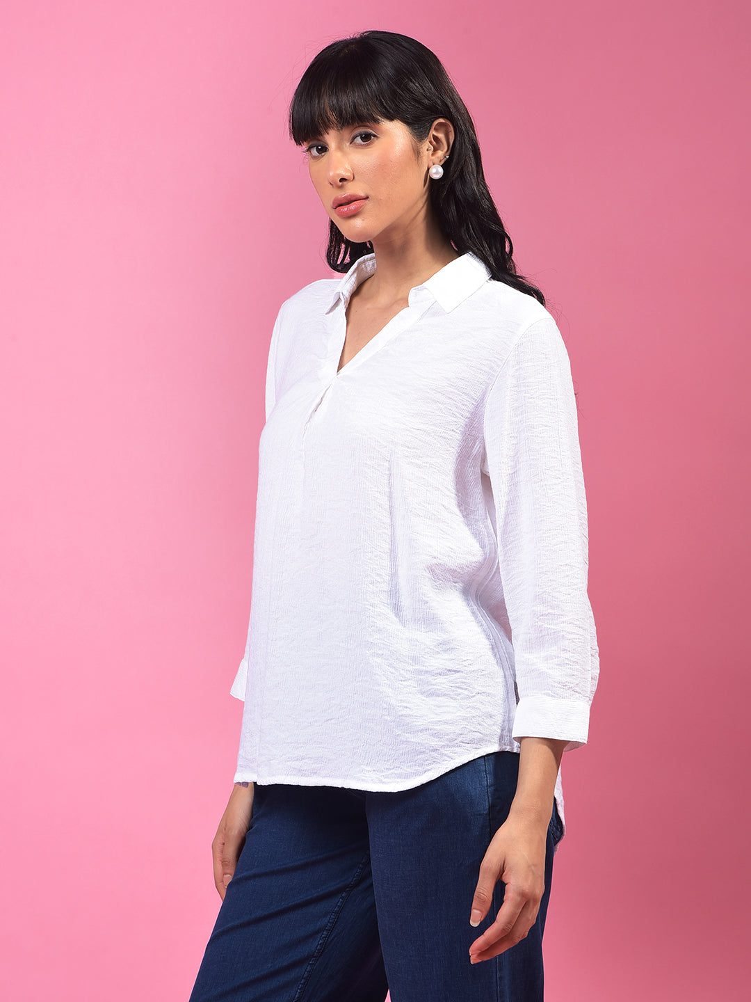 White Textured 3/4th Sleeves Linen Top-Women Tops-Crimsoune Club