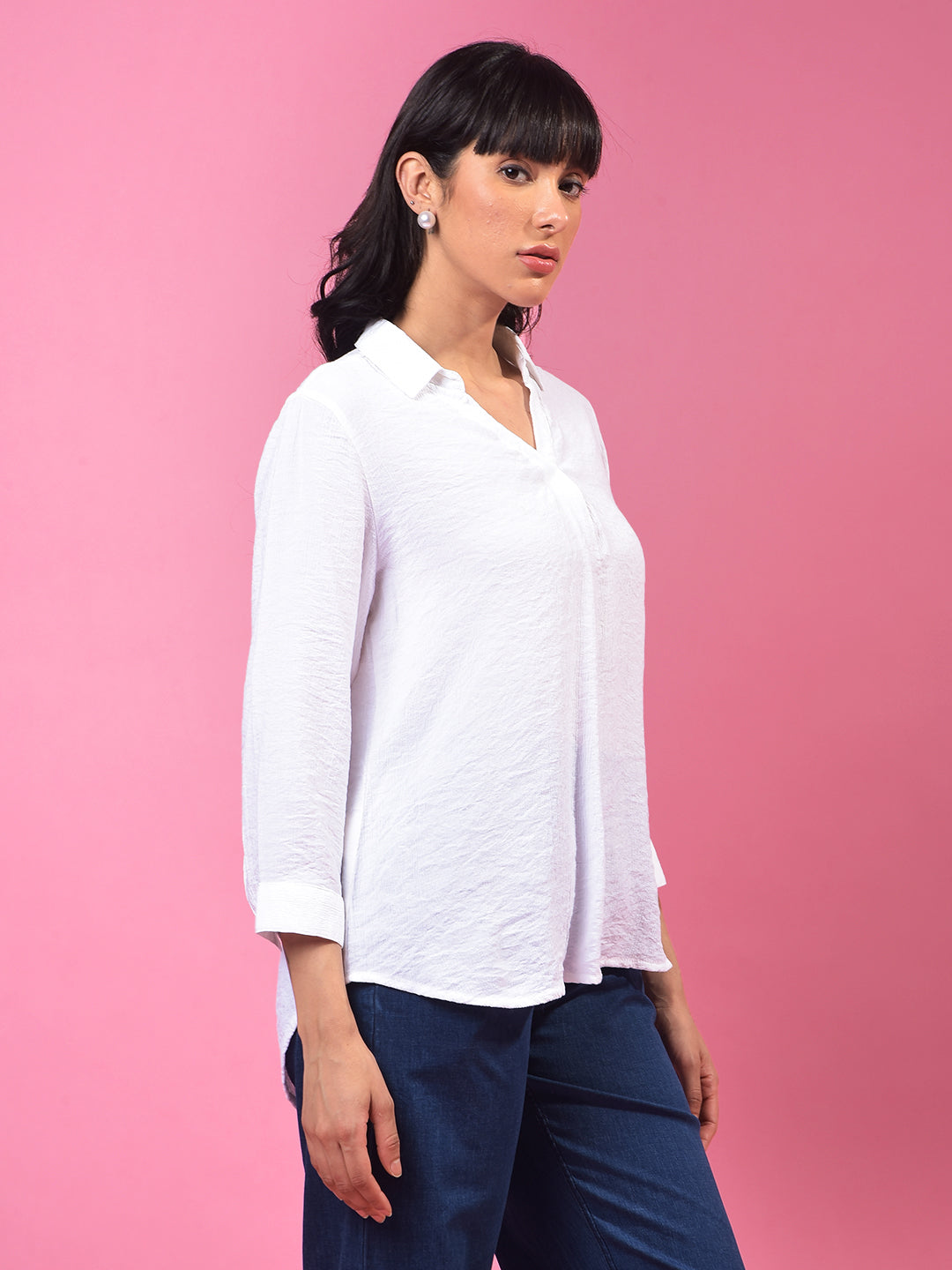 White Textured 3/4th Sleeves Linen Top-Women Tops-Crimsoune Club