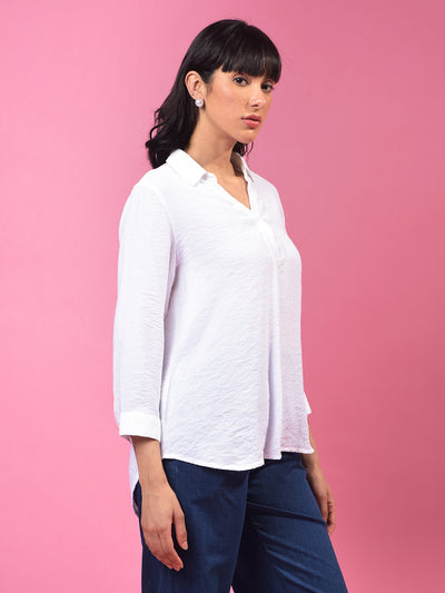 White Textured 3/4th Sleeves Linen Top-Women Tops-Crimsoune Club