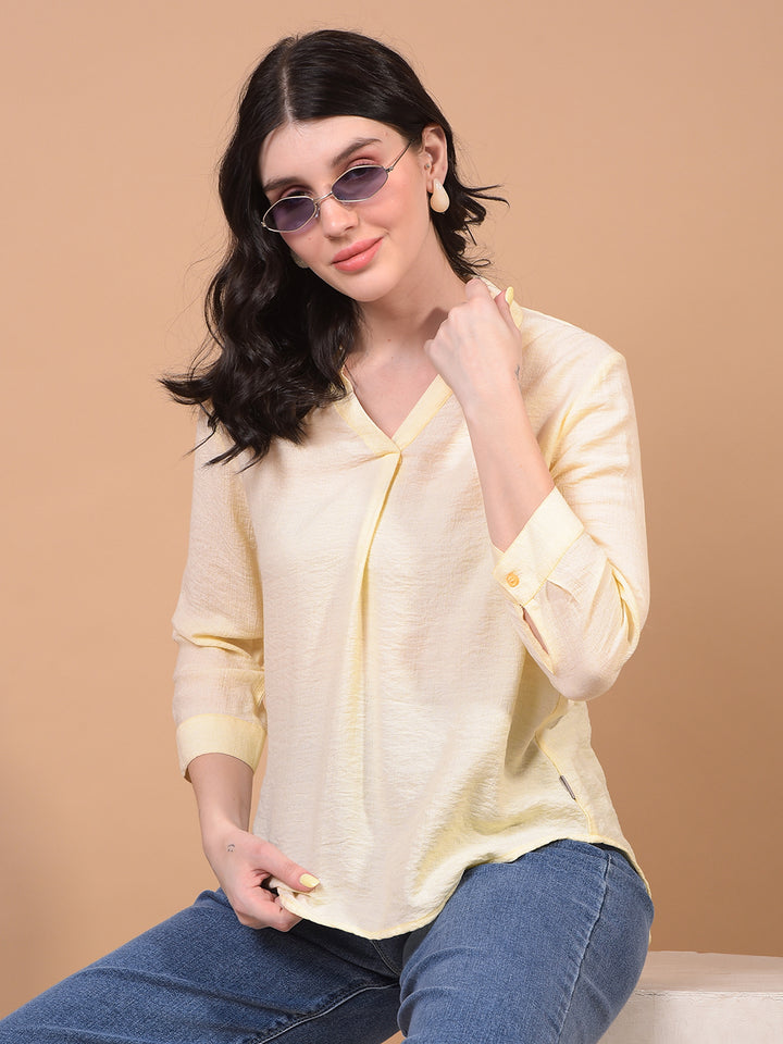 Yellow V-Neck Top-Women Tops-Crimsoune Club