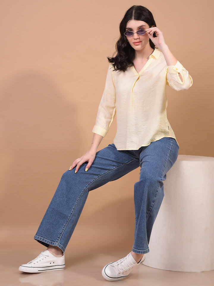 Yellow V-Neck Top-Women Tops-Crimsoune Club