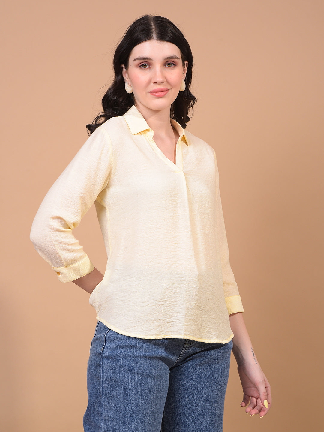 Yellow V-Neck Top-Women Tops-Crimsoune Club