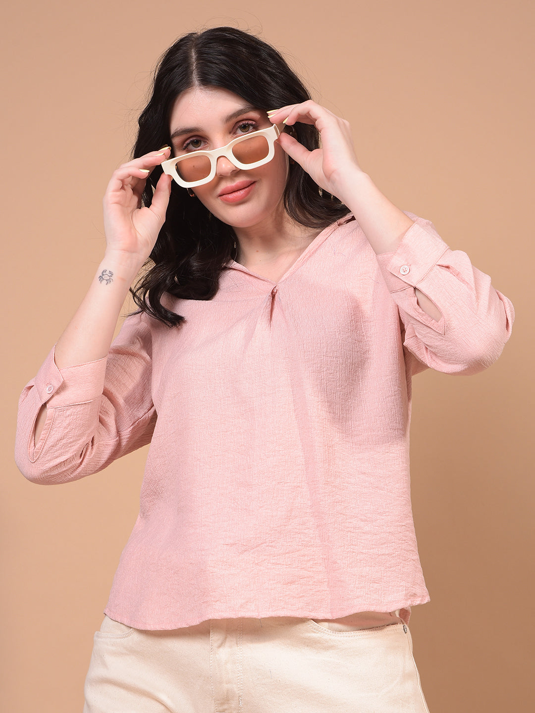 Peach V-Neck Top-Women Tops-Crimsoune Club