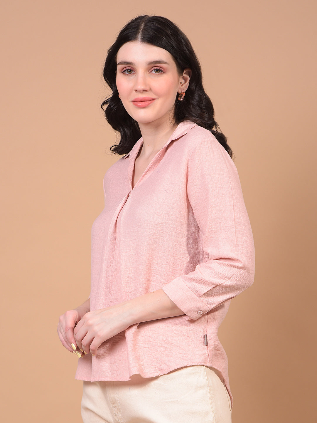 Peach V-Neck Top-Women Tops-Crimsoune Club