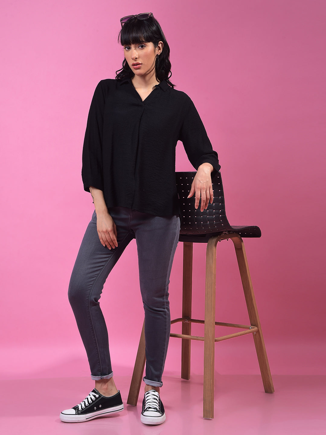 Black Textured 3/4th Sleeves Linen Top-Women Tops-Crimsoune Club