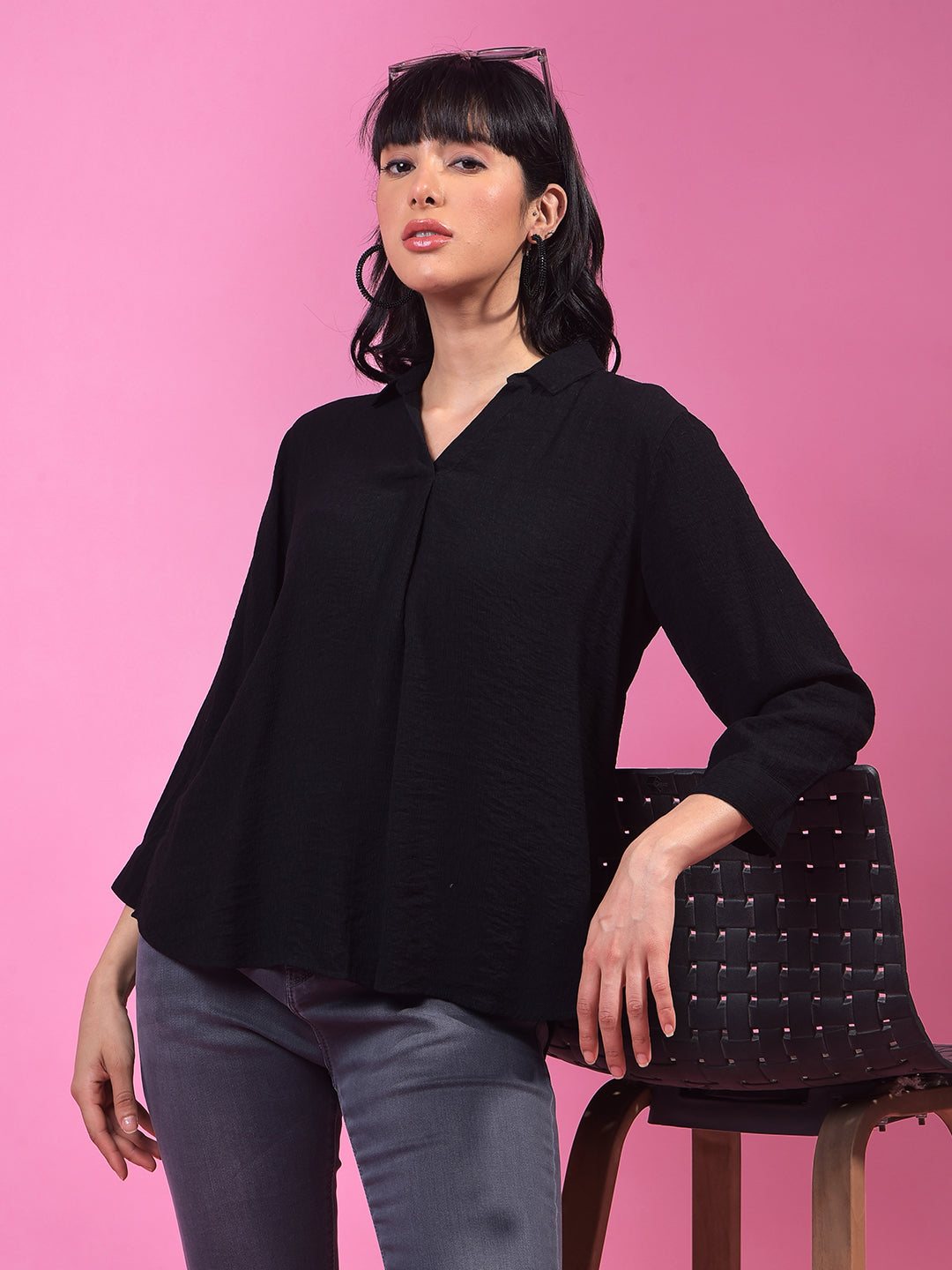 Black Textured 3/4th Sleeves Linen Top-Women Tops-Crimsoune Club