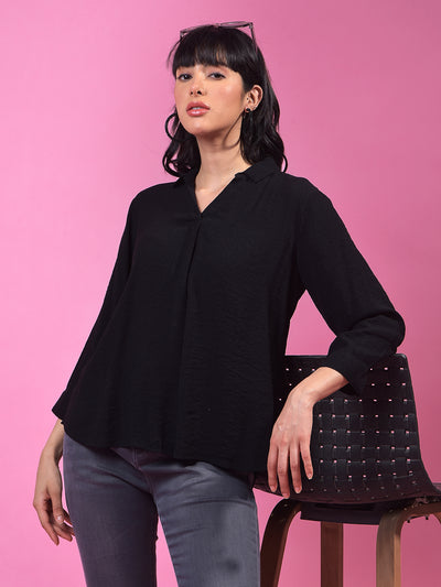 Black Textured 3/4th Sleeves Linen Top-Women Tops-Crimsoune Club