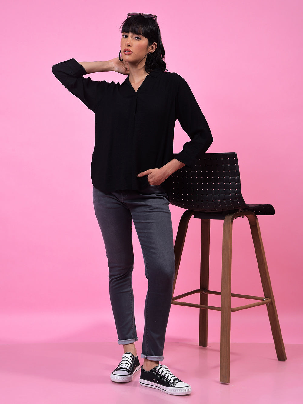 Black Textured 3/4th Sleeves Linen Top-Women Tops-Crimsoune Club