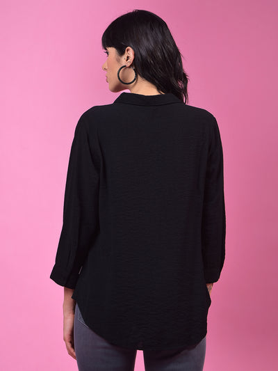 Black Textured 3/4th Sleeves Linen Top-Women Tops-Crimsoune Club