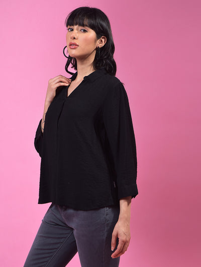 Black Textured 3/4th Sleeves Linen Top-Women Tops-Crimsoune Club