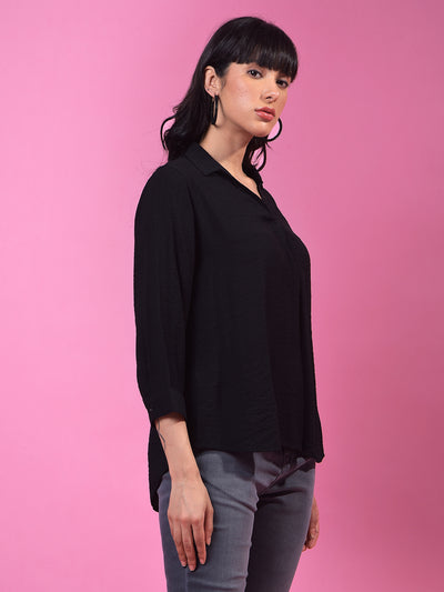 Black Textured 3/4th Sleeves Linen Top-Women Tops-Crimsoune Club