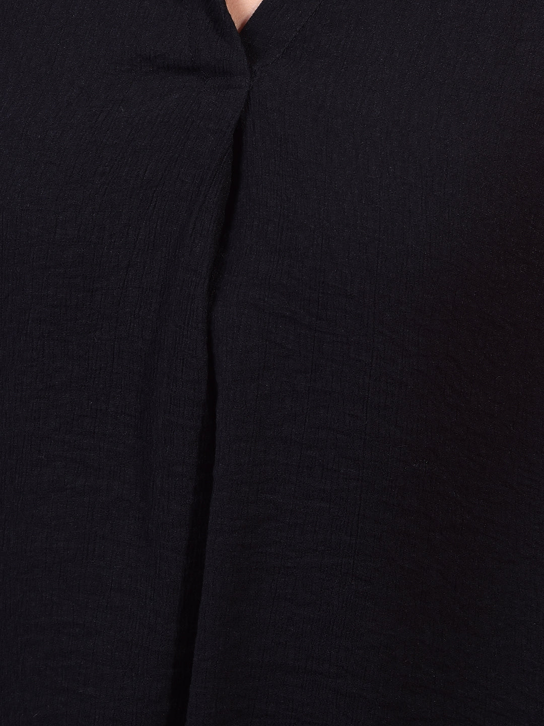 Black Textured 3/4th Sleeves Linen Top-Women Tops-Crimsoune Club