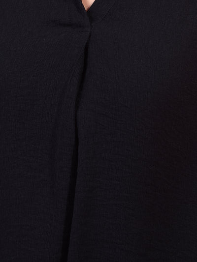 Black Textured 3/4th Sleeves Linen Top-Women Tops-Crimsoune Club