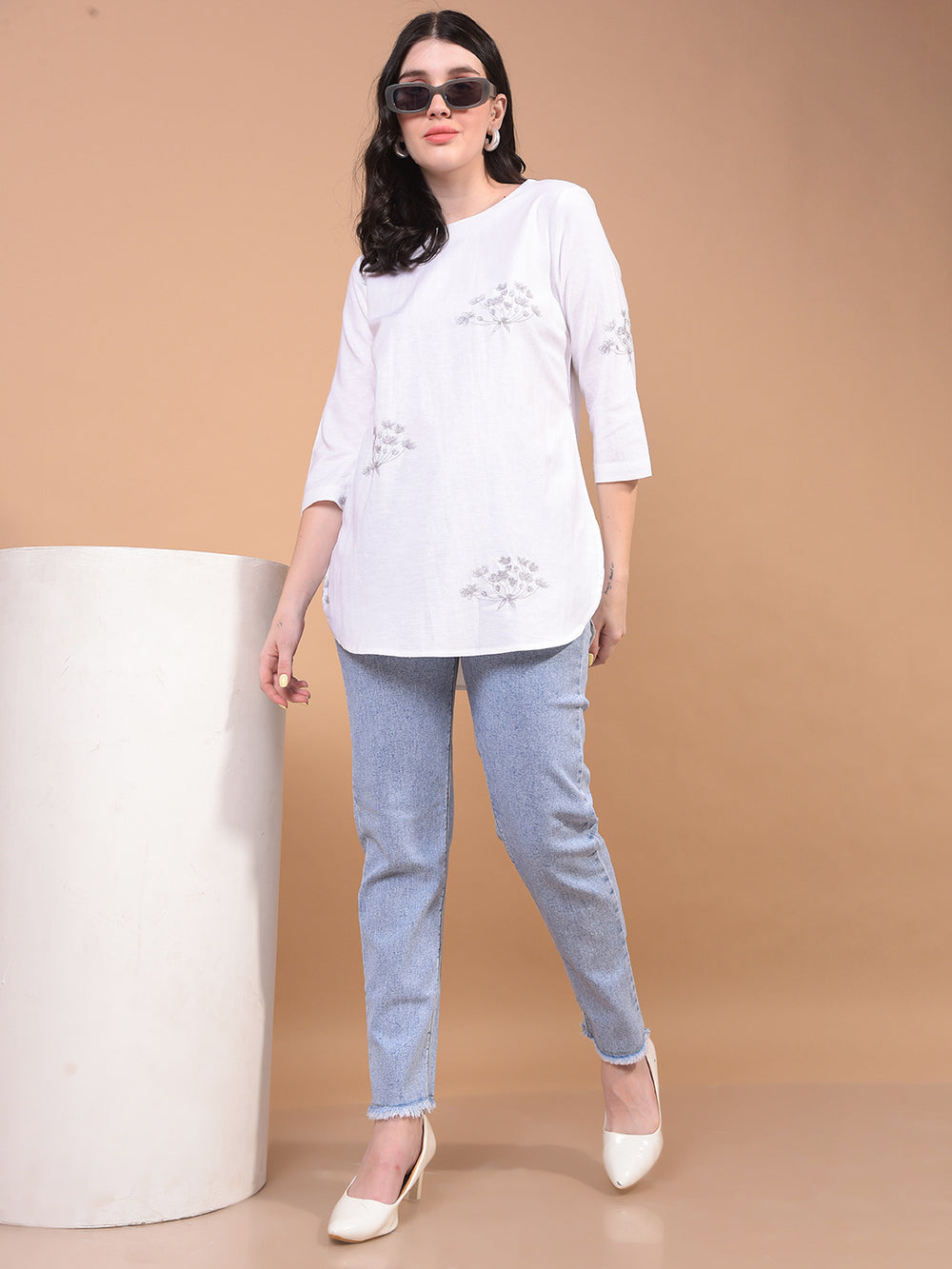Women's White Embroidered Linen Top-Women Tops-Crimsoune Club