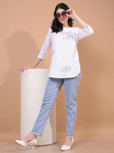 Women's White Embroidered Linen Top-Women Tops-Crimsoune Club