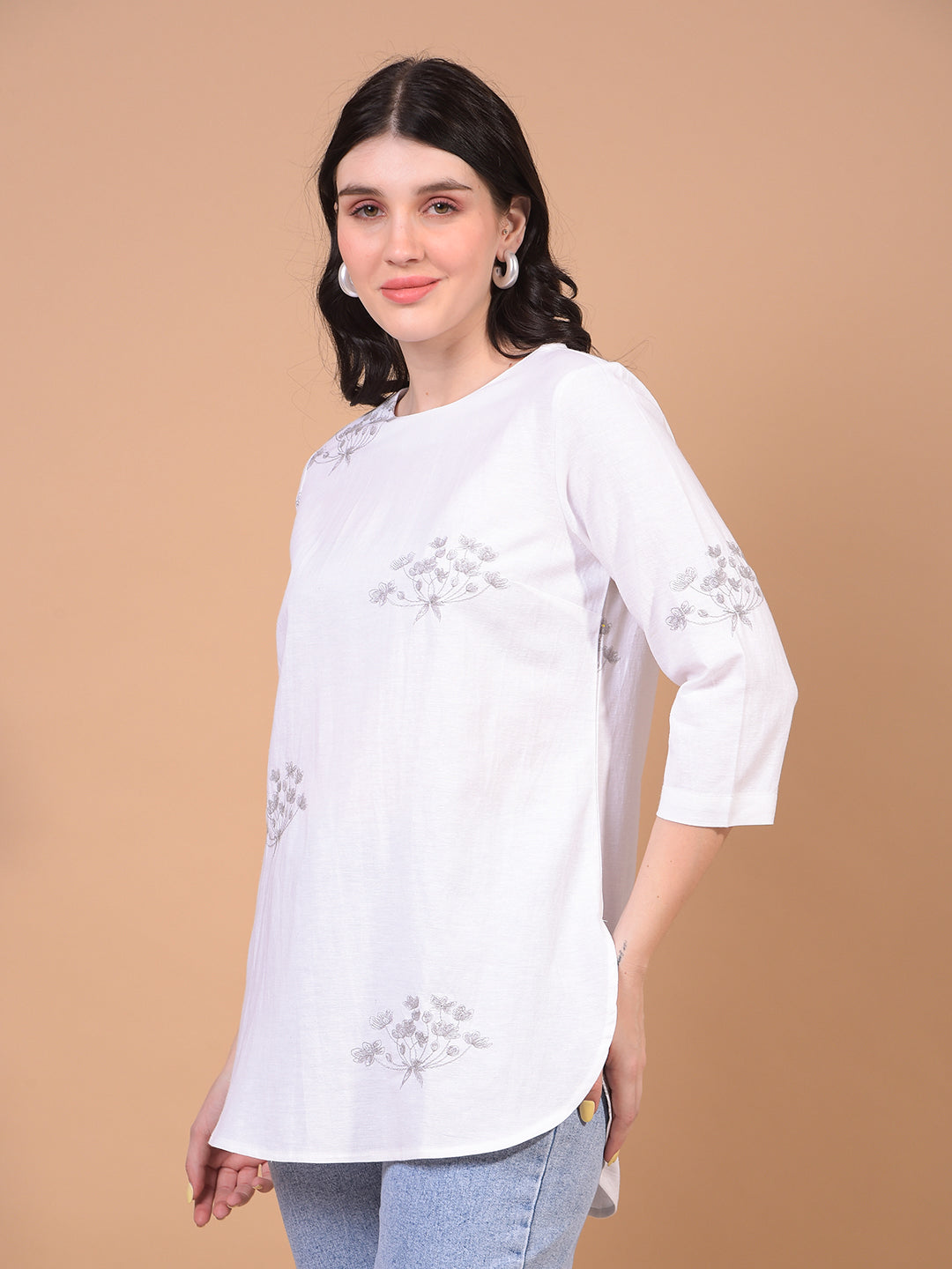 Women's White Embroidered Linen Top-Women Tops-Crimsoune Club