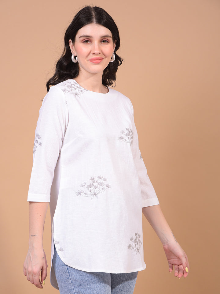 Women's White Embroidered Linen Top-Women Tops-Crimsoune Club