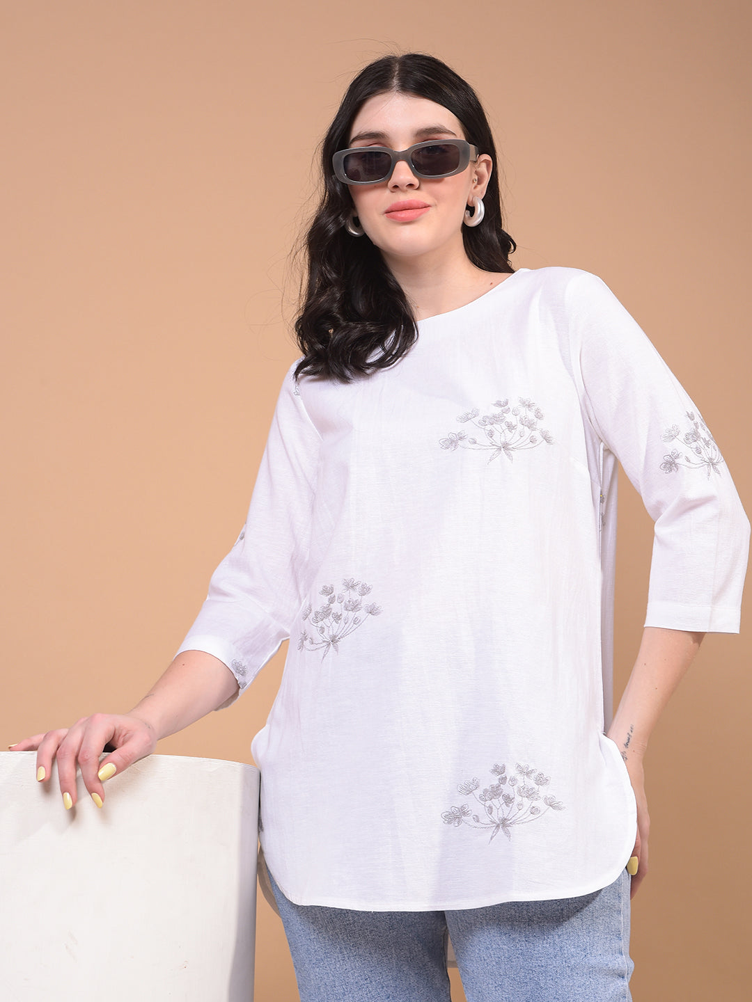 Women's White Embroidered Linen Top-Women Tops-Crimsoune Club