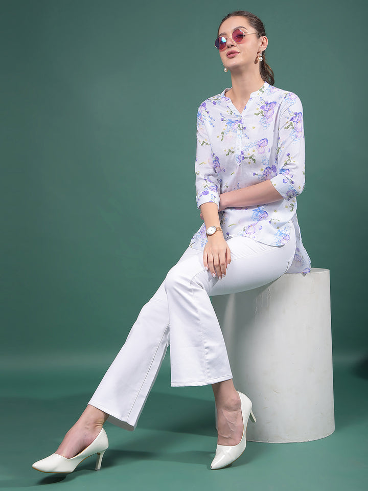 Purple Floral Print V-Neck Linen Top-Women Tops-Crimsoune Club