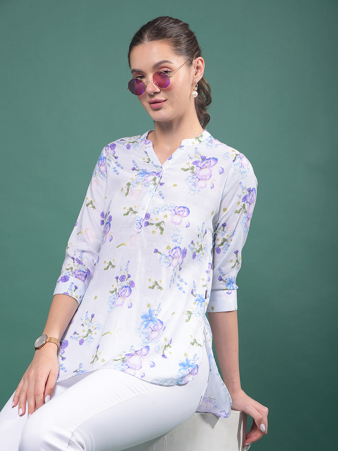 Purple Floral Print V-Neck Linen Top-Women Tops-Crimsoune Club