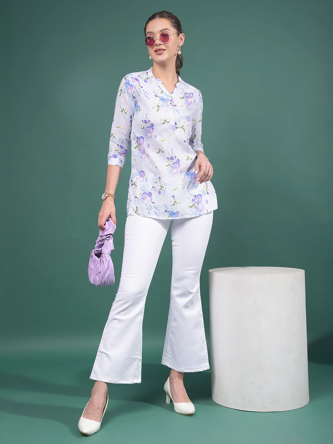Purple Floral Print V-Neck Linen Top-Women Tops-Crimsoune Club