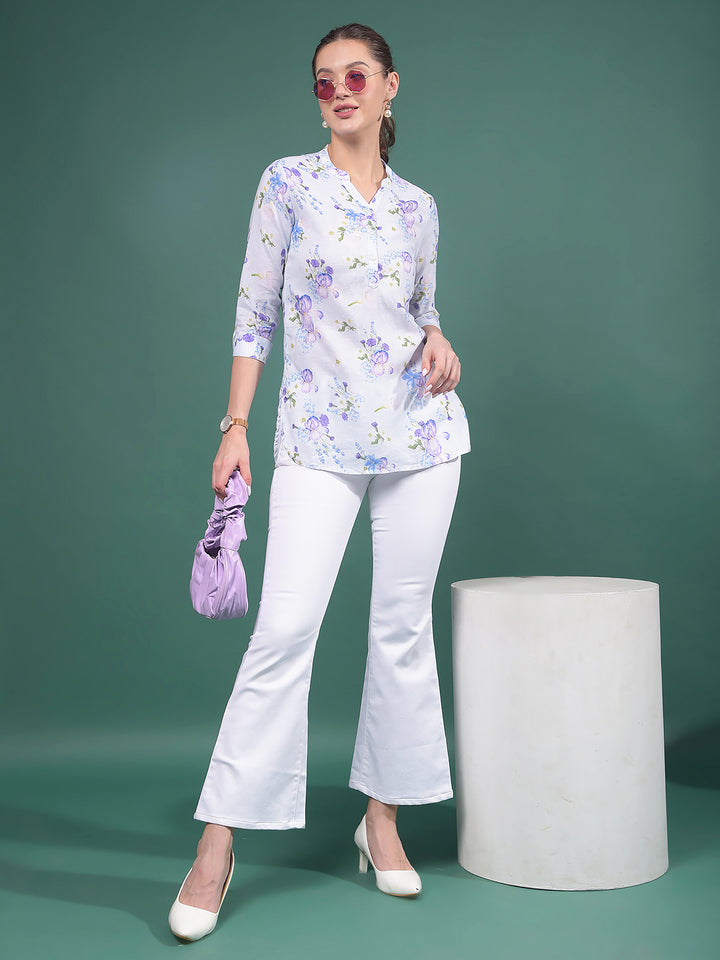 Purple Floral Print V-Neck Linen Top-Women Tops-Crimsoune Club