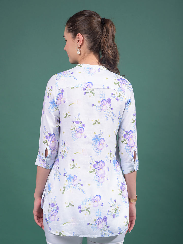 Purple Floral Print V-Neck Linen Top-Women Tops-Crimsoune Club