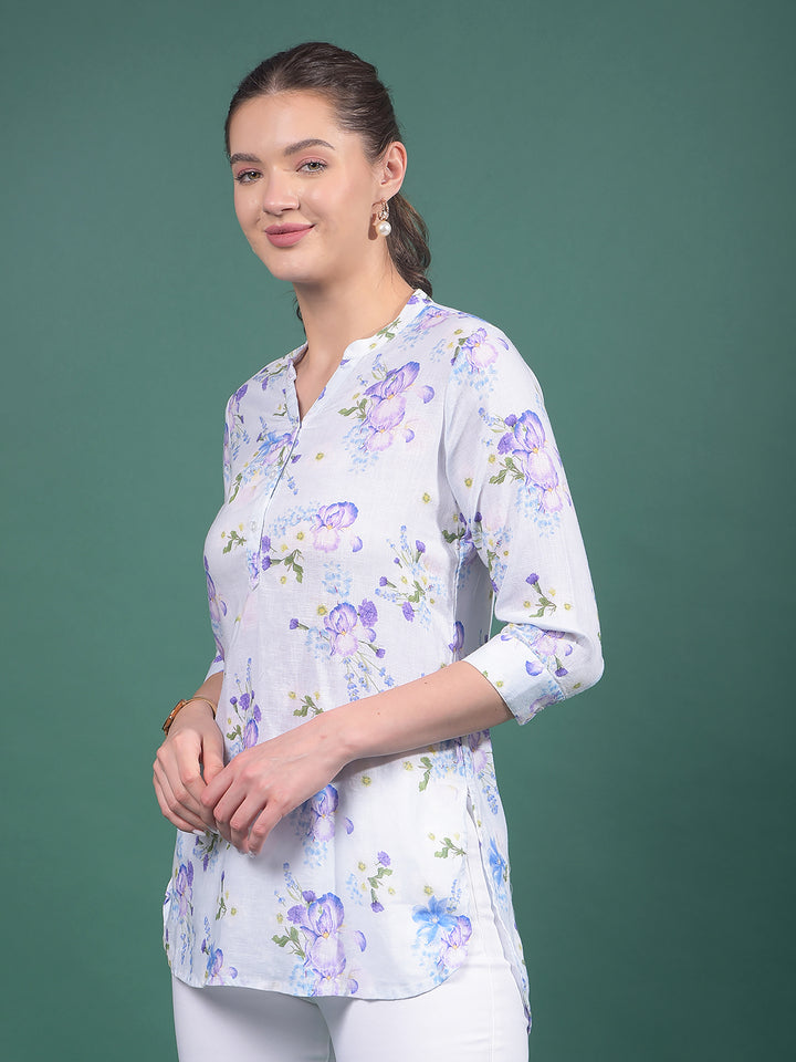Purple Floral Print V-Neck Linen Top-Women Tops-Crimsoune Club