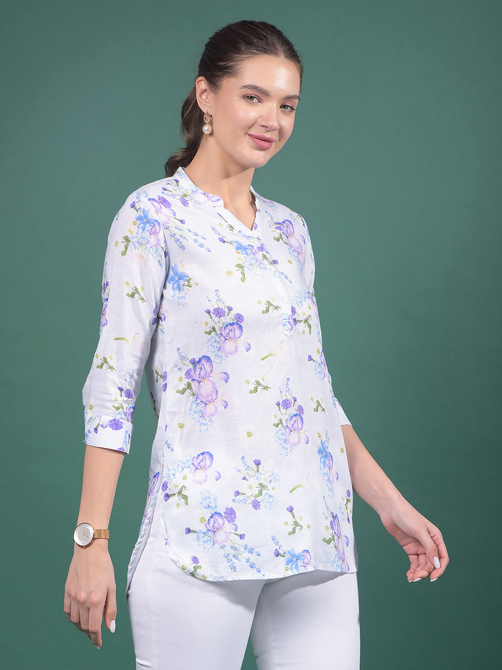Purple Floral Print V-Neck Linen Top-Women Tops-Crimsoune Club