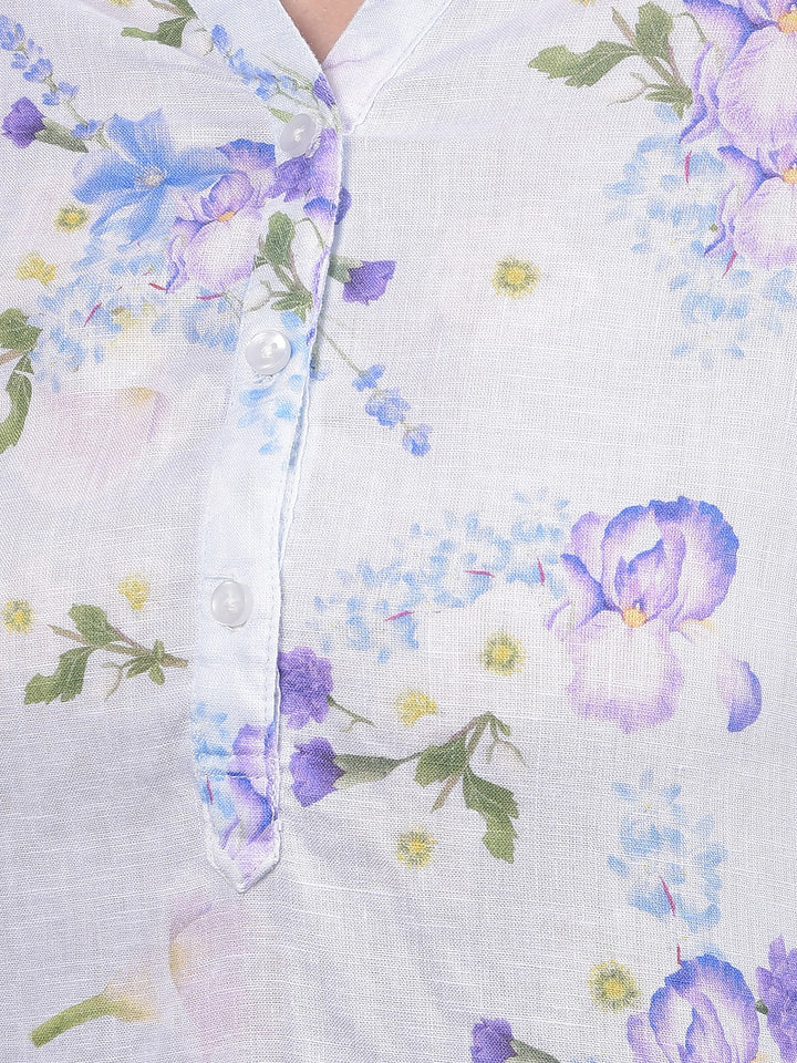 Purple Floral Print V-Neck Linen Top-Women Tops-Crimsoune Club