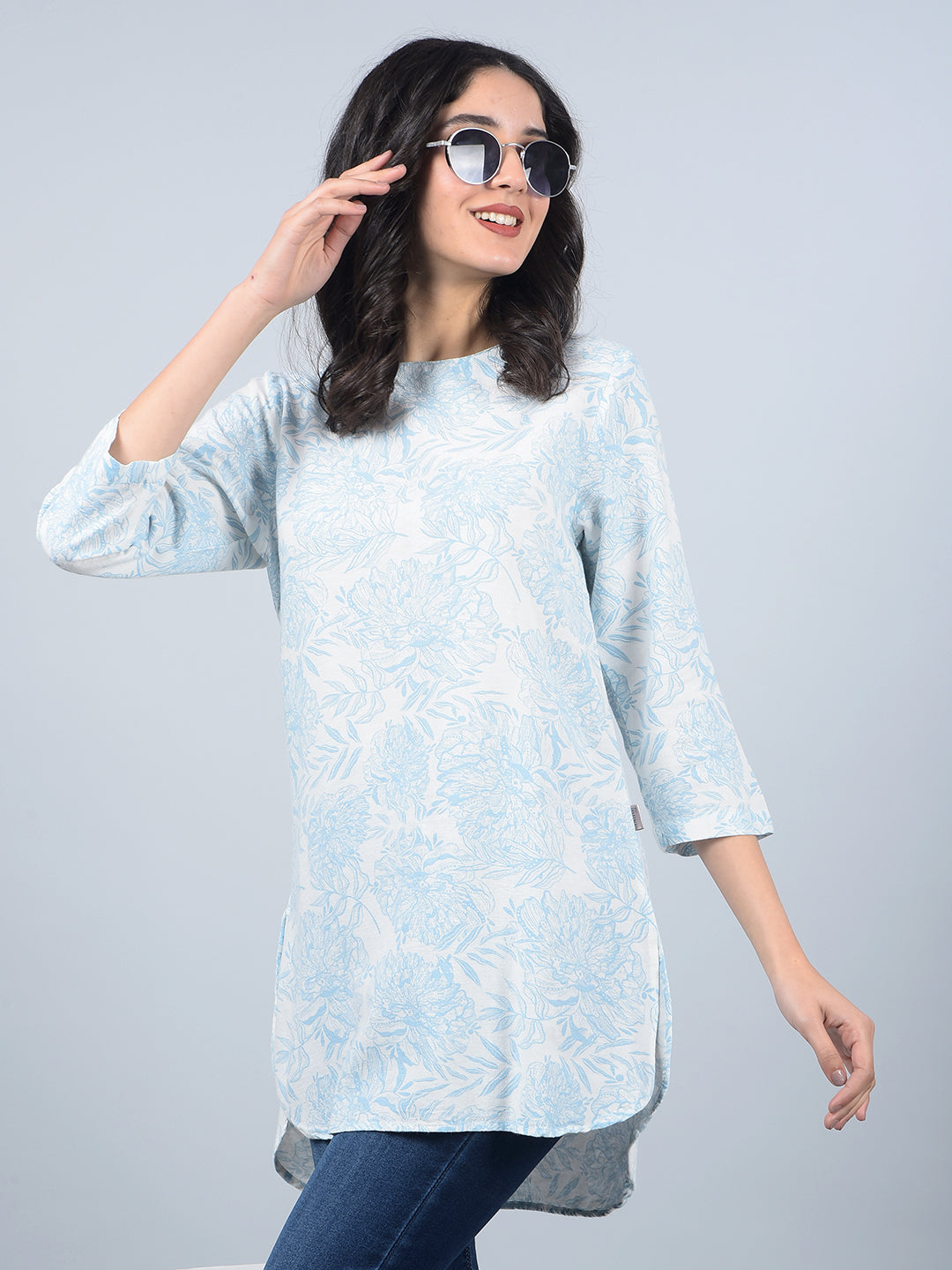 Blue Floral Print Linen Top-Women Tops-Crimsoune Club