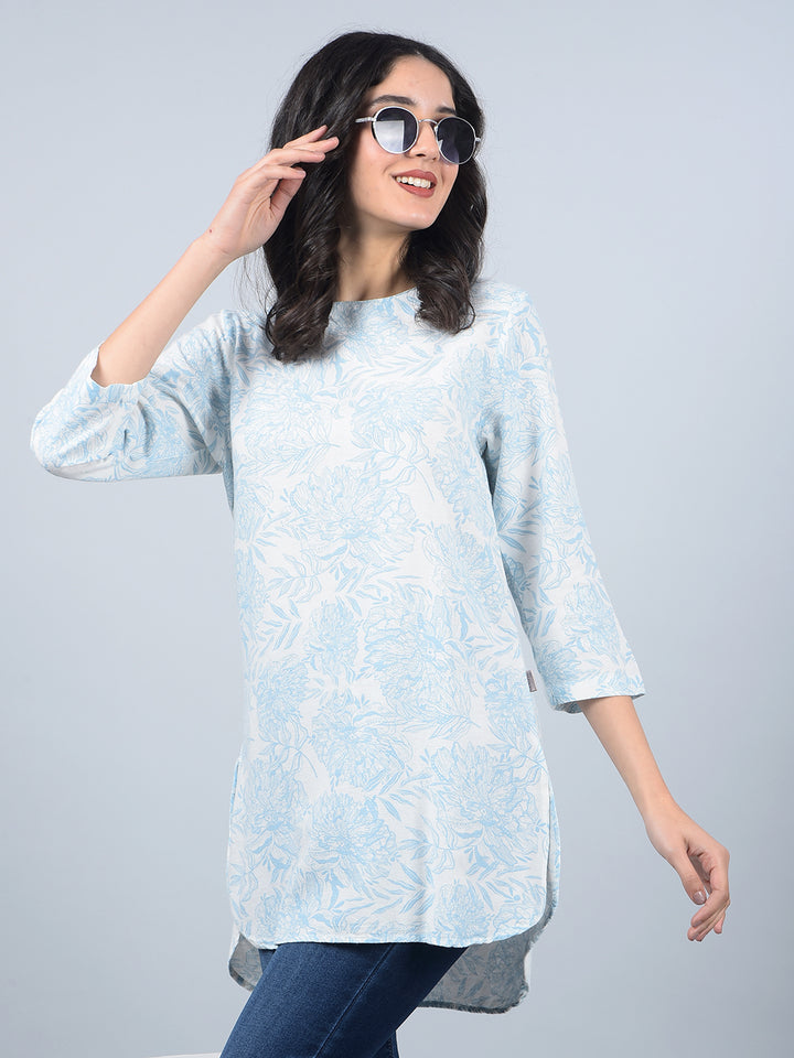 Blue Floral Print Linen Top-Women Tops-Crimsoune Club