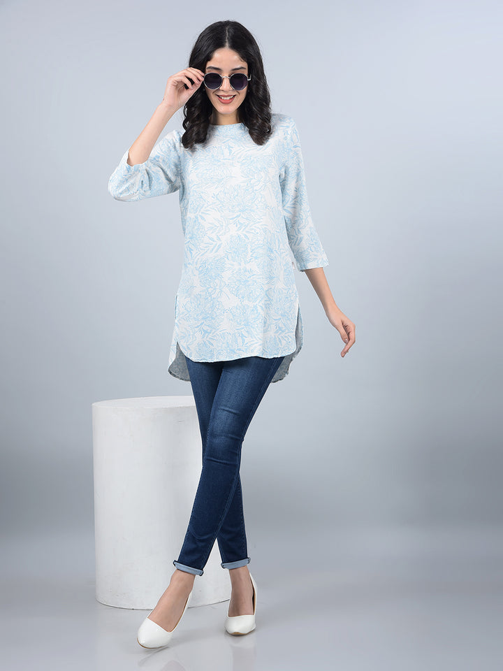 Blue Floral Print Linen Top-Women Tops-Crimsoune Club