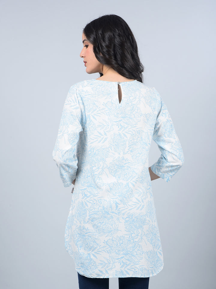 Blue Floral Print Linen Top-Women Tops-Crimsoune Club