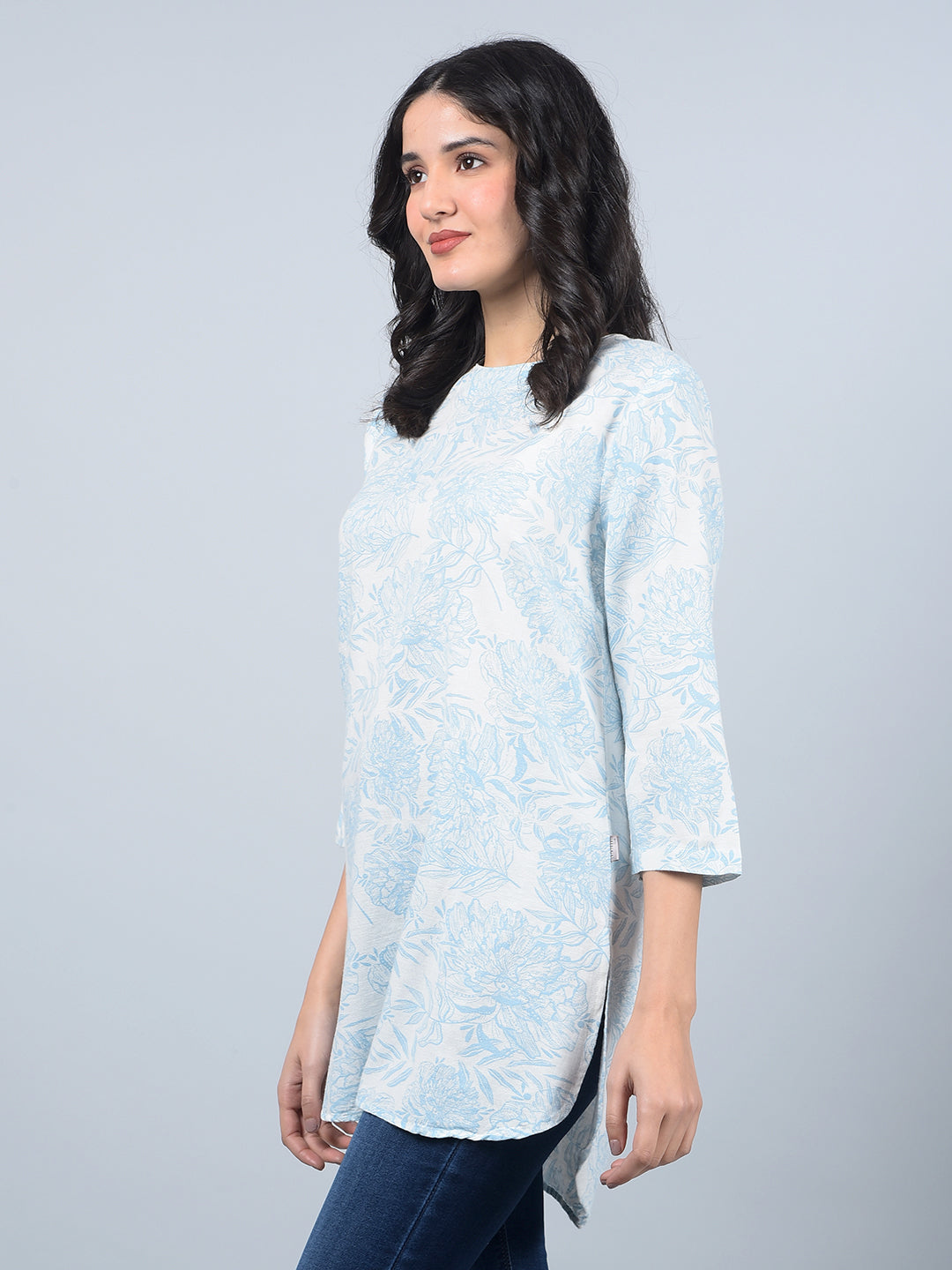 Blue Floral Print Linen Top-Women Tops-Crimsoune Club